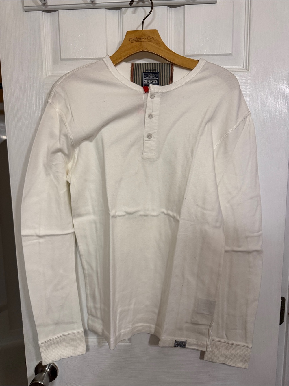 Superdry Men's White Long-Sleeve Henley with Button Placket